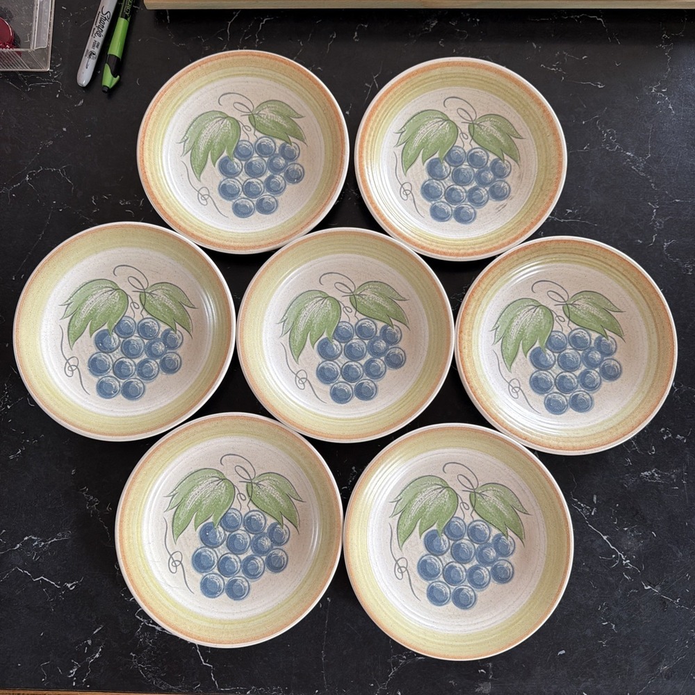 Franciscan Earthenware Fruit Blue Grapes Bread & Butter Plates Stone - Set Of 7